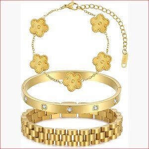 18K Gold Plated Stackable Bangle Bracelets Set with Four Leaf Clover Charm